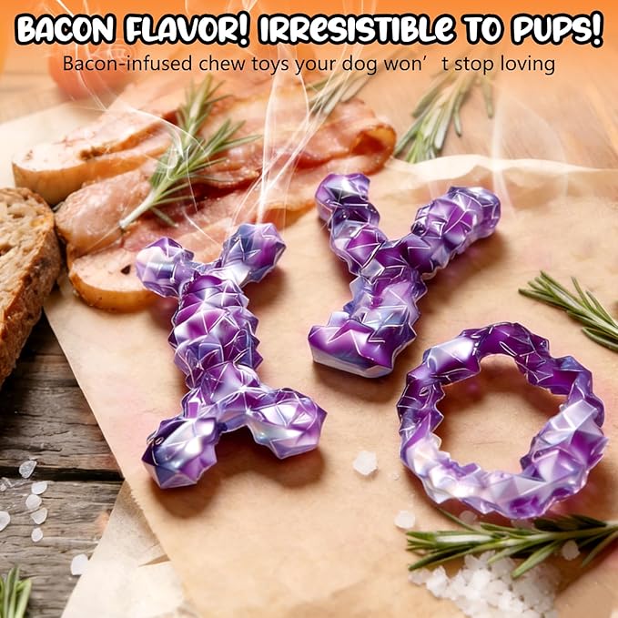 WOWBALA 3 Pack Dog Chew Toys for Aggressive Chewers,Indestructible Dog Toy for Medium Large Dogs, Chew Toys to Keep Dogs Busy,Super Chewer with Tough Nylon, Reduce Boredom & Anxiety（Bacon Flavored）