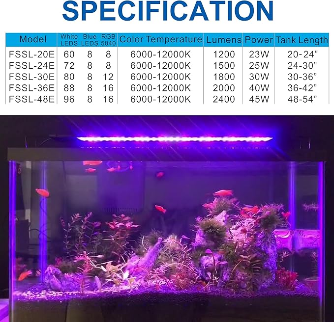 OYO WATER 20 Inch Aquarium LED Light with Timer, 24/7 Cycle, 5 Dimmable Brightness, Sunrise/Sunset Simulation for 10/20/30/55 Gallon Fish Tank