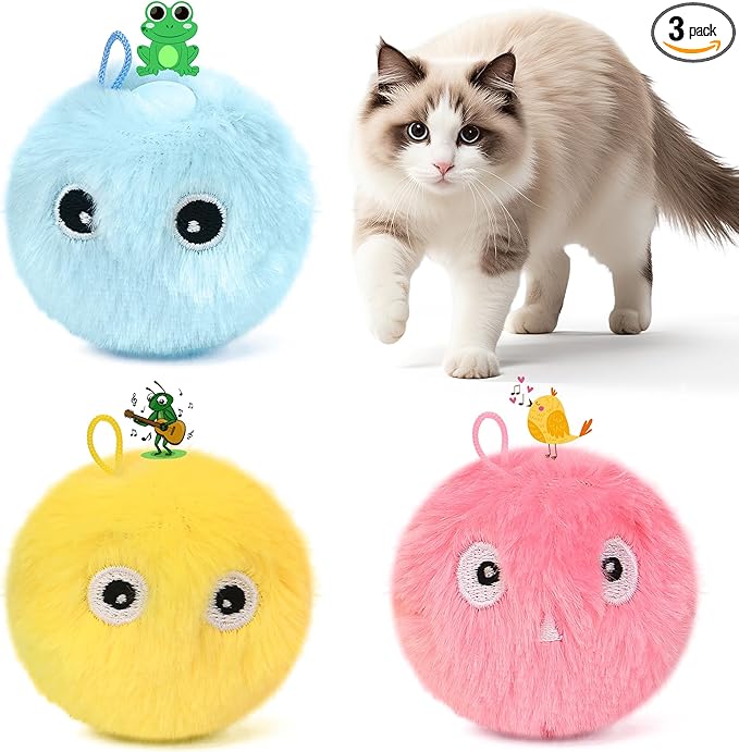 Chirping Cat Toy Balls, 3 Pack | Upgraded Plush Interactive Toy Balls, 3 Realistic Animal Sounds, Battery-Powered Motion Activated, Suitable for Indoor Kittens and Adult Cats Exercise Toy