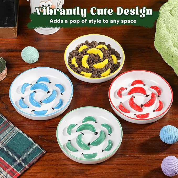 Ceramic Cat Slow Feeder Bowl - Vibrant Cat Feeding Bowl - Cute Maze Food Dish for Slow Eating - Dishwasher Safe - 6.3''W x 1.2''H - 7 OZ - Yellow