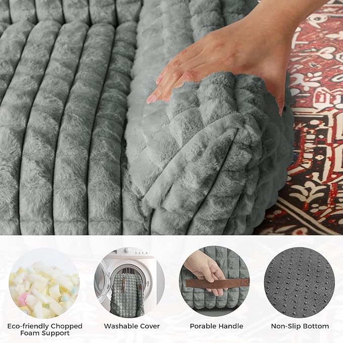 Cute Small Dog Couch Bed – Supportive & Fluffy Pet Sofa with Faux Rabbit Fur Washable Cover in 3D Diamond Pattern, 30" Grey