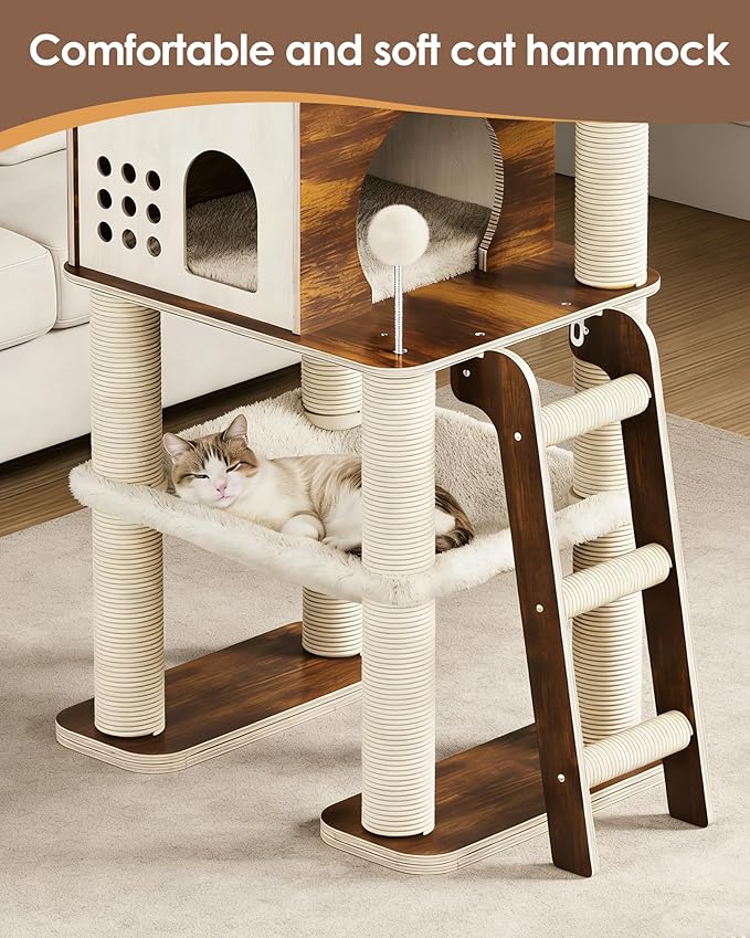 Modern Cat Tower, 60.3 Inches Multi-Level Cat Tree with Dark Wood-Look Panels, Sisal Scratching Posts, Hammock & Plush Perch, Safe for Kittens to Adult Cats