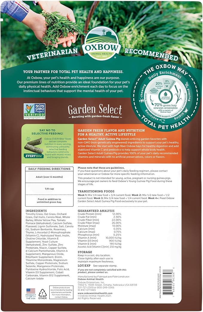 Oxbow Garden Select Guinea Pig Food, Adult, Made with Oxbow Timothy Hay for Guinea Pig, Pet Food Pellets with Vitamin C, Non-GMO, Small Animal Pet Products, Made in USA, High Fiber, 8 lb. Bag