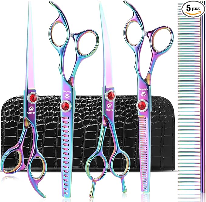 GLADOG Pro Rainbow 7 Inch Professional Pet Grooming Scissors Kit, 6-in-1 Dog Scissors, Titanium Coated, Stainless Steel, Right Handed, 5 Count
