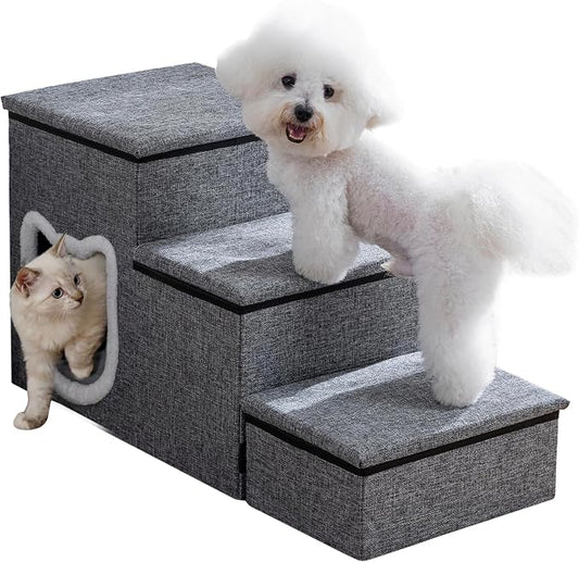 Dog Stairs for Small Dogs, 3-Step Non-Slip Pet Stairs for Cats, Small Dog Steps with Storage and Condo, Indoor Cat Steps for Older Cats, Arthritis-Friendly, Grey