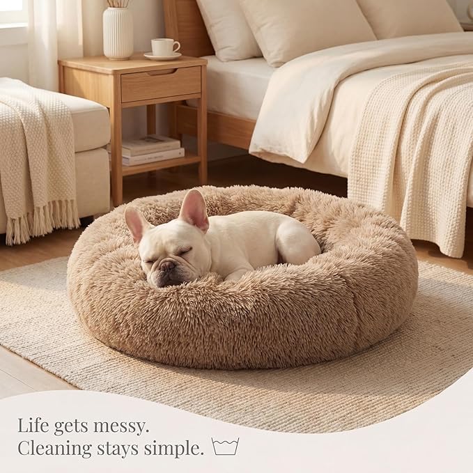 Calming Dog Bed for Medium Dogs Washable Donut 30 inches Anti-Slip Pet Bed,Round Fluffy Plush Faux Fur Cat Bed,Fits up to 45 lbs Pets,Camel