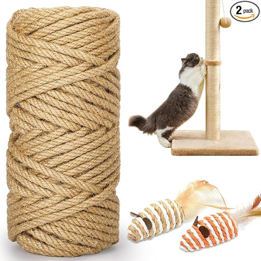 98FT/30M Cat Scratching Sisal Rope, 6mm 1/4 inch Thick Natural Jute Rope for Scratch Posts, Cat Trees, DIY Projects, Sisal Rope for Cat Scratcher with 2 Cat Mouse Toys (Natural, 98ft)