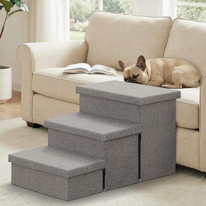 Zerbuger Dog Stairs 18" H, 3-Step Wider Dog Steps for High Beds Couch, Folding Storage Pet Stairs Gift for Small/Medium/Large Old Dogs Cats, Ramp for Climbing Car Up to 200 lbs, (Gray, with Condo)