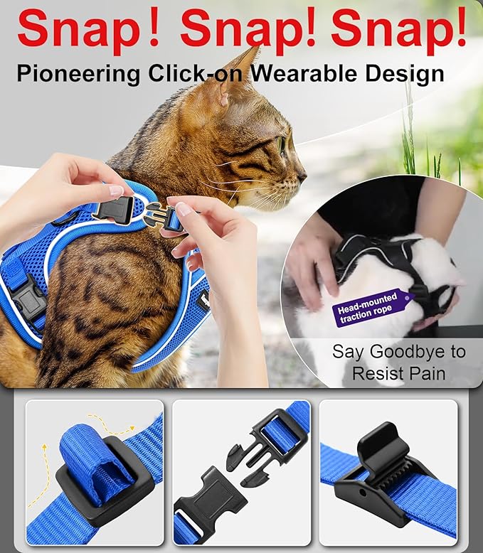 Cat Harness and Leash for Walking Escape Proof Soft Adjustable Cat Leash Breathable Comfortable Vest Easy to Wear Kitten Harness for Outdoor Travel (Blue, M (13-18lb))