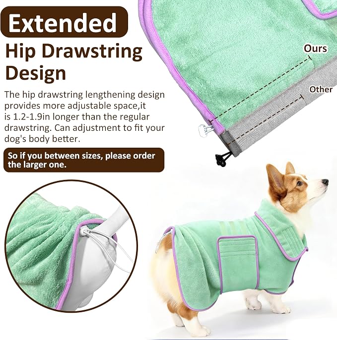 Soft Dog Bathrobe Fast Drying Dog Coat, Super Absorbent Dog Towels for After Bath, Microfiber Pet Robe Adjustable Collar & Belly Warm Keeping Dogs Coat for Pet Dogs & Cats (Green, 3X-Large)