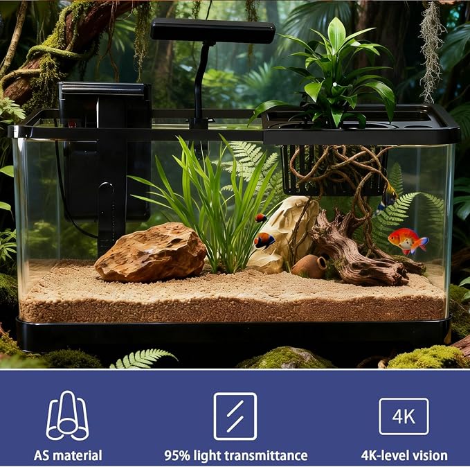 5 Gallon Fish Tank, Aquarium Plastic Starter Kit with Filter, Small Net and LED Light, Fish Tank for Betta, Plastic Nano Aquarium with Lid(18.5 * 7.87 * 8.07 inch/Black) (5 Gallon Fish Tank)