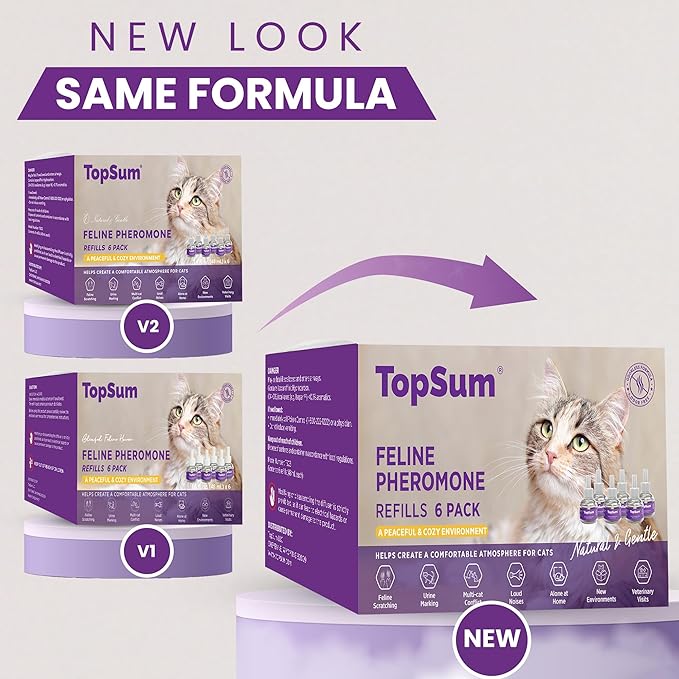 TopSum Cat Calming Pheromone Diffuser: Feline Pheromones Plug in for Stress, Along At Home, Spraying, Fighting, Scratching, Aggression & Excessive Meowing (Purple– 6 Refills)