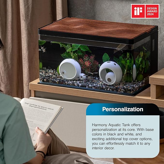 Harmony Deluxe 8 Gallon All-in-One Aquarium Kit, Award-Winning Fish Tank with Lid, Integrated Filtration, LED Light, Low-Iron Glass, Black Tank with Oak Grain Top