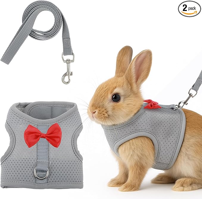 Bunny Harness and Leash Set, Escape Proof Rabbit Harness,Soft Breathable Mesh Rabbit Harnes with Bow and Metal Buckles for Rabbits, Kittens, Ferrets, Guinea Pigs,Pet Walking Gear