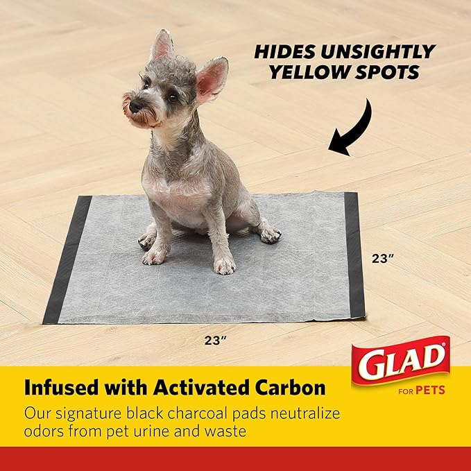 Glad for Pets Activated Carbon Puppy Training Pads with Anti-Microbial Technology, Odor Control Pee Mats for Dogs, 6-Layer Leak-Proof Heavy Duty Indoor Potty Pads, 23 x 23 Inches, 100 Count