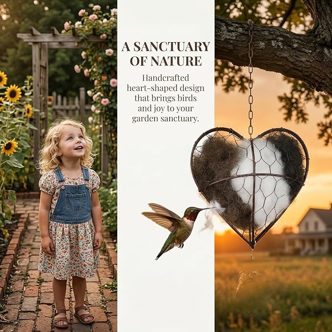 Alpaca Fiber Bird Nesting Heart - Refillable Bird Nesting Material Holder for Wild Birds, Hummingbird Nesting Material, Heart Shaped Nesting Material for Birds, Outdoor Garden Decor