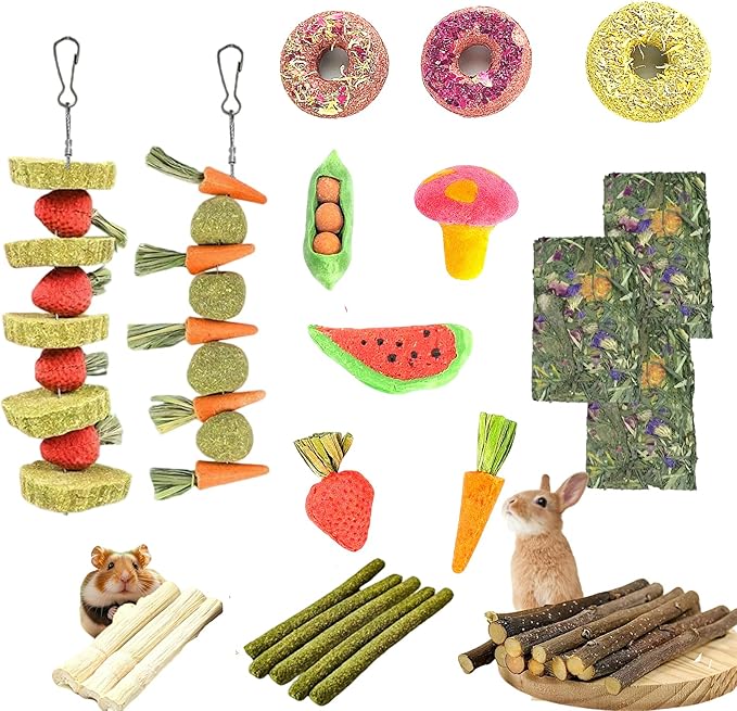 31 Pcs Small Pet Chew Toys for Dental Health - Natural Apple Wood, Timothy Grass Sticks & Sweet Bamboo, Teeth Grinding Toys for Rabbits, Guinea Pigs, Hamsters, Chinchillas Cage Accessories