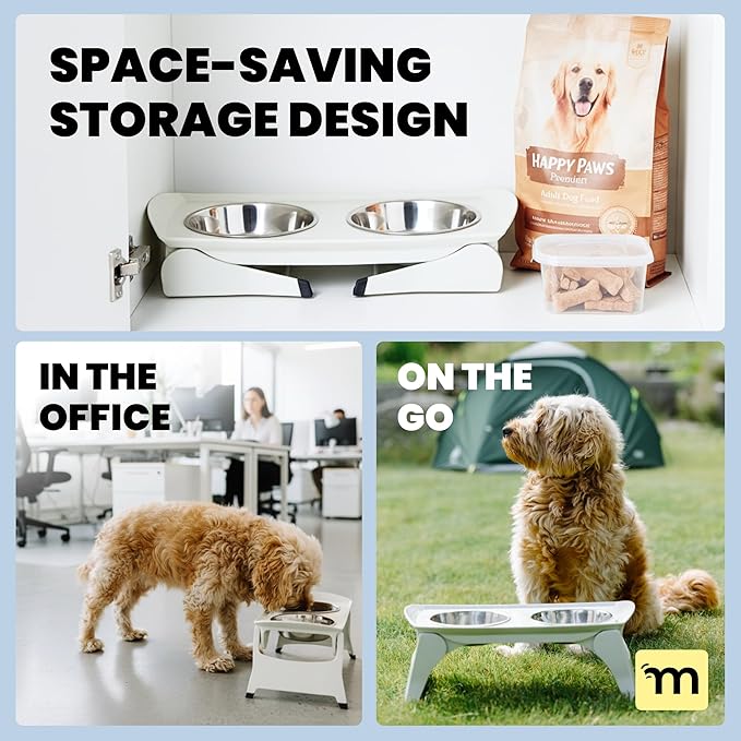 MalsiPree Elevated Dog Bowls for Small Dogs - 6.5" Raised Dog Bowl Stand with Splash Guard - Portable Folding Pet Feeding Station with 2 Stainless Steel Bowls - Dog Birthday & Adoption Gift, White
