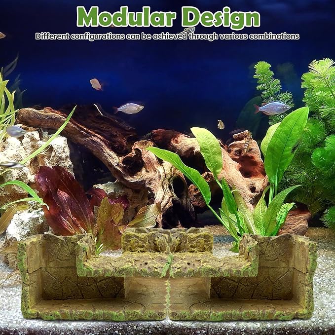 kathson Aquarium Hideaway Cave Underground Tunnel Hideout Wood-Like Fish Tank Cave for Corners View Fish in Aquarium Decoration with 2PCS Plastic Aquatic Plants for Betta Shrimp Guppy Hide