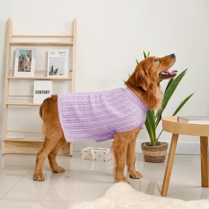 2 Pack Dog Sweaters for Large Dogs Winter Turtleneck Pullover Cable Knit Fleece Stretch Pitbull Labrador Golden Retriever Doberman Bulldog Boy Girl Pet Clothes (XL, Pink & Purple)