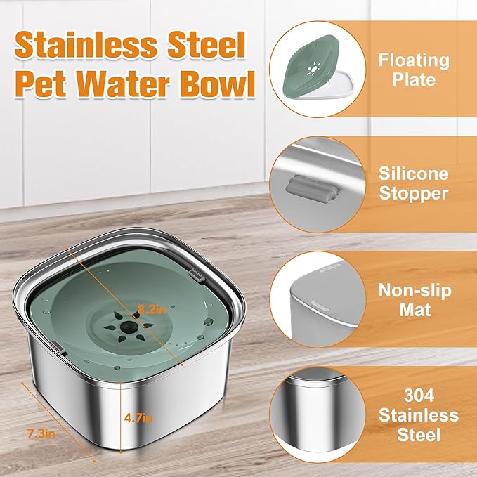 Decflow 3L Stainless Steel Slow Drinking Dog Bowl with Lid, No Spill Travel Dog Water Bowl Dispenser for Large Dogs