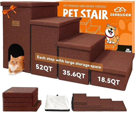 Zerbuger Dog Stairs with Condo 23" H, 4-Step Wider Dog Steps for High Beds Window, Folding Storage Pet Stairs Gift for Small/Medium/Large Old Dogs Cats, Ramp for Climbing Car Hold Up to 200 lbs, Brown