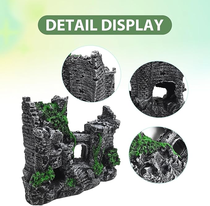 Aquarium Resin Castle Decor, Large Ancient Stone Castle Fish Tank Ornament with Caves & Tunnels, Realistic Hideout for Betta Fish, Guppies, Shrimp, Turtles (Freshwater & Saltwater Safe)