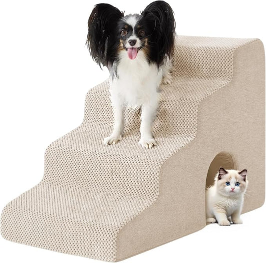 Dog Stairs for Bed 19.5’’ H, 4-Step Dog Steps for High Bed, Pet Stairs for Small Dogs and Cats to Get on Beds, Couch, Non-Slip Balanced Pet Steps and Ramp with Waterproof Cover and Tunnel, Beige