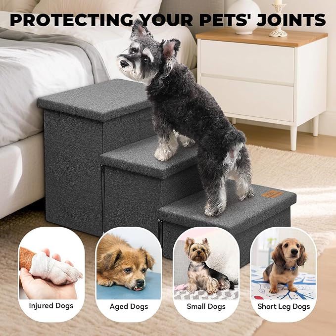 Zerbuger Dog Stairs with Storage 18" H, 3-Step Wider Dog Steps for Small/Medium/Large Old Dogs Cats, Folding Sturdy Pet Stairs Climbing Bed Couch, Ramp for Car Hold Up to 200 lbs (Dark Grey, No Condo)