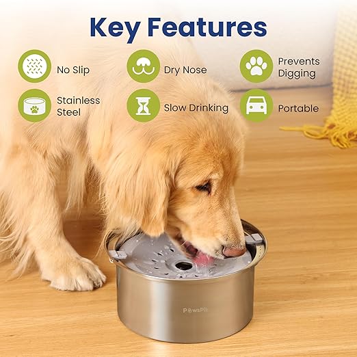 PawsPik Spill Proof Stainless Steel Dog Water Bowl – 4L Slow Drinking Pet Bowl with Floating Tray, Non-Tip, BPA-Free, Dishwasher Safe – for Large Dogs & Multi-Pet Homes