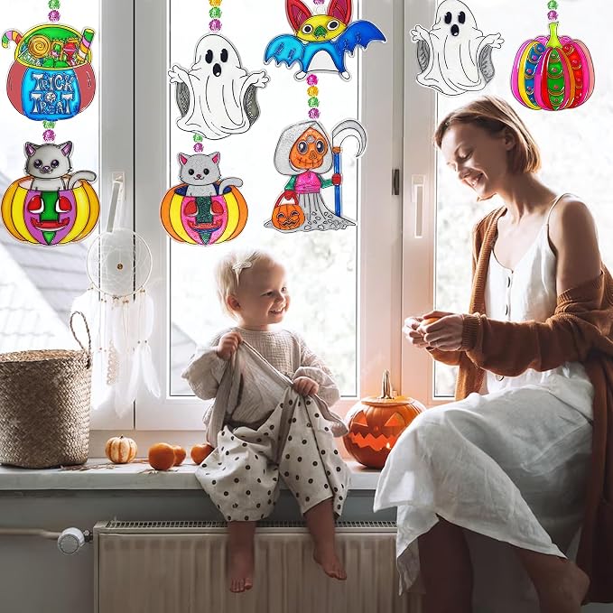 Ayhuhra 30 Set Halloween Suncatcher Keychain Craft Kits, DIY Window Art | Witch, pumpkin, bat, cat and ghost crafts for Halloween parties, trick or treat decor, spooky windows, and fall art projects