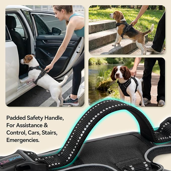PHOEPET Reflective Dog Harness No Pull Large Breed Vest with 2 Metal Leash Attachment Hooks(XL, Black)