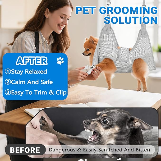 Supet Dog Grooming Hammock for Large Dogs, Dog Hanging Harness for Nail Trimming Doorframe, Pet Holder Restraint for Clipping Nails, Pet Hoist Sling for Cutting Nails at Home (Grey L)