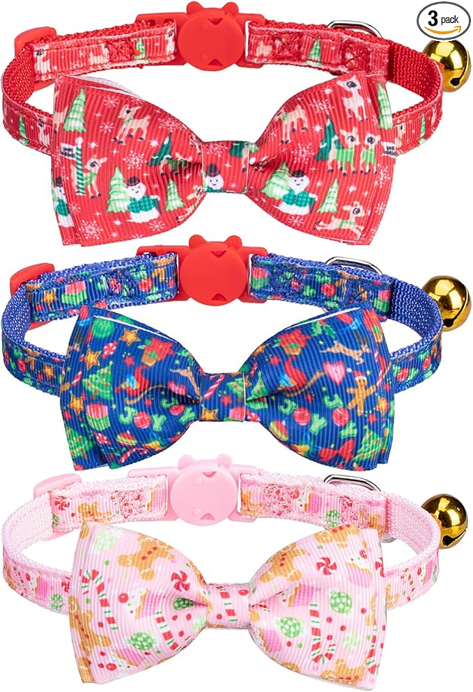 Christmas Breakaway Cat Collar with Removable Bow Tie and Bell, Cute Xmas Patterns, 3 Pack Safety Buckle Kitten Collars, Adjustable Pet Collar