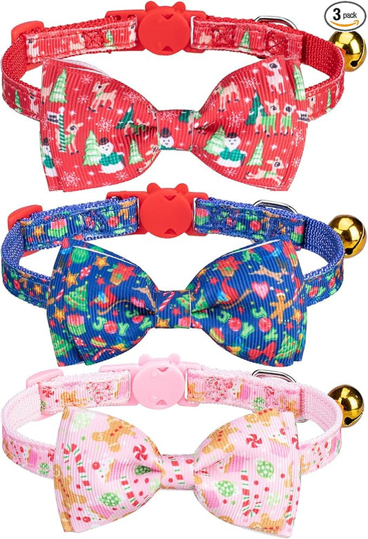 Christmas Breakaway Cat Collar with Removable Bow Tie and Bell, Cute Xmas Patterns, 3 Pack Safety Buckle Kitten Collars, Adjustable Pet Collar