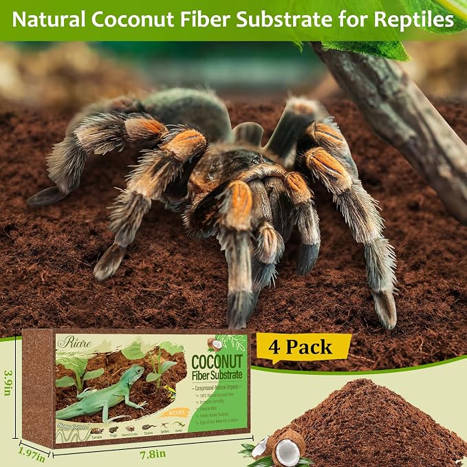 Riare 4 Pack Natural Coconut Fiber Substrate, Coco Coir Reptile Bedding | Coconut Husk Reptile Substrate for Tortoises, Hermit Crabs, Snakes, Bearded Dragon, Geckos, Reptile Enclosure/Terrarium Setup