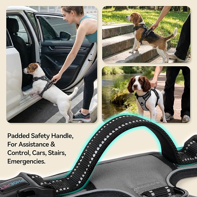 PHOEPET No Pull Dog Harness Medium Reflective Front Clip Vest with Handle,Adjustable 2 Metal Rings 2 Buckles(L, Grey)