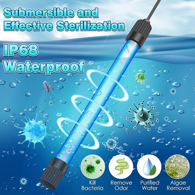 Qualirey 11W Aquarium UV Light for Fish Tank, UVC Light Fish Tank for Aquarium Algae Control, Submersible Waterproof UV Lamp with Timer and Hood for Pond Sump Swimming Pool
