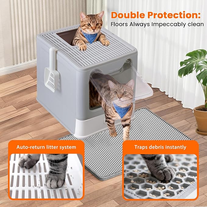 Stainless Steel Litter Box with Lid and Pull-Out Drawers, XL Metal Litter Box Top Entry for Big Cats, Leak-Proof Baffles for Easier Cleaning, with Litter Mat & Scoop