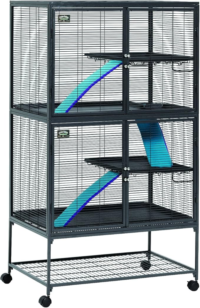 Critter Nation by MidWest Homes for Pets Double Unit Small Animal Cage, Habitat for Rats, Chinchillas, Ferrets, Sugar Gliders, Tool-Free Assembly, with Full-Width Doors, Shelves & Removable Base Pans