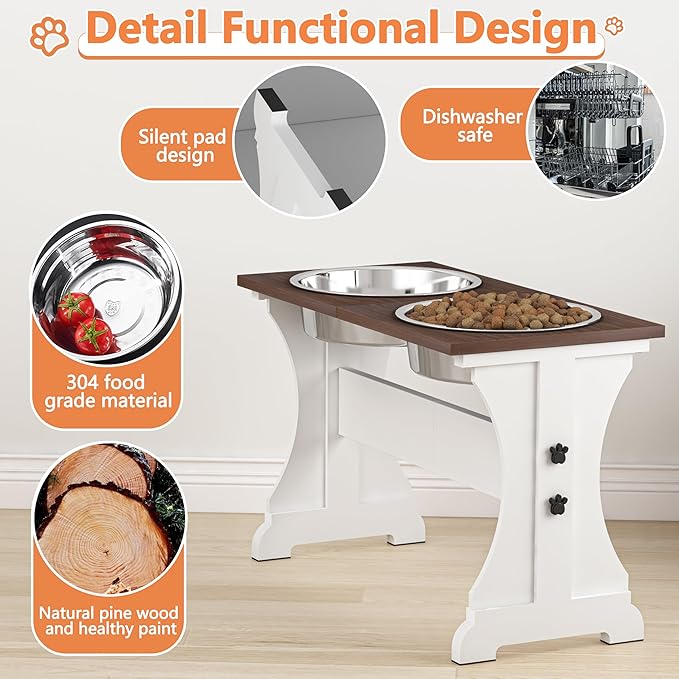Piskyet Elevated Dog Bowls,Farmhouse Dog Bowls Stand, Raised Dog Bowl with 2 Stainless Steel Wooden Dogs Bowls,7 Cups 11''H_55 oz Bowl-Farmhouse Style