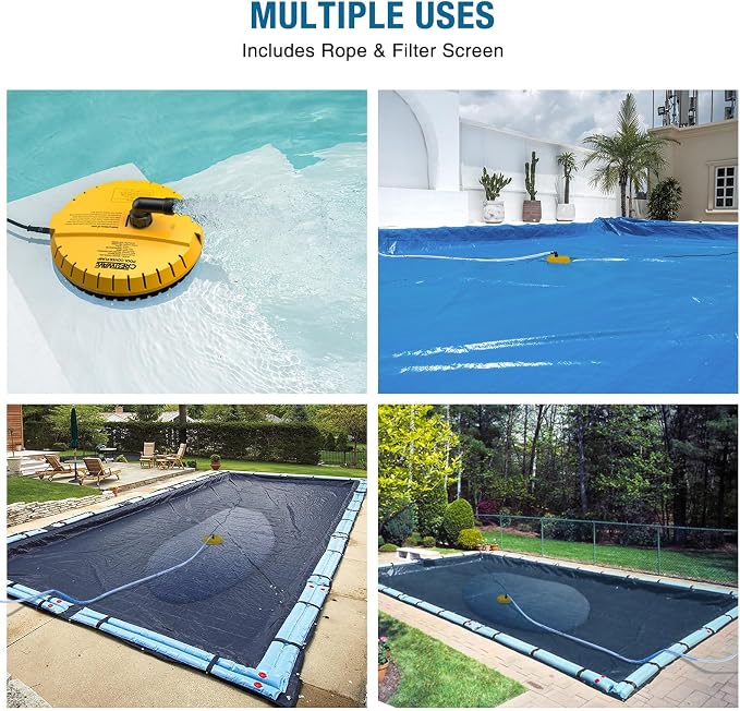 Crestwave Automatic Pool Cover Pump, 115V Submersible Water Pump for Pool Draining, 25FT Power Cord, 1-Year Warranty, Water Removal for Swimming Pool, Hot Tub, Fish Tanks, Pond, 2 Adapters, Yellow