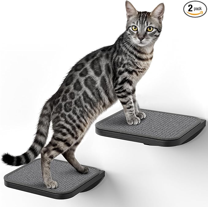 Grey Sisal-Padded Cat Wall Steps (2-Pack), Floating Wooden Cat Perch and Climbing Step Set, Wall Mounted Furniture for Jumping & Play
