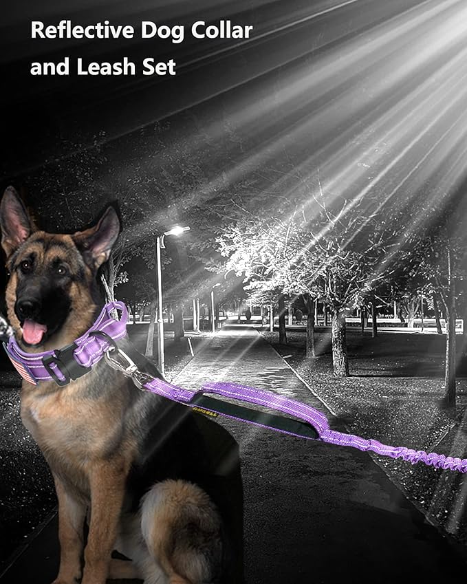AUBELL Tactical Dog Collar and Leash Set, Reflective Adjustable Heavy Duty Military K9 Collars with Handle and Metal Buckle for Medium Dogs, with Airtag Case and 2 Patches(Purple,M)