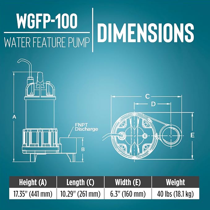 Little Giant WGFP-100, 115V, 1 HP, 6400 GPH Water Feature Pump, 19' cord | Stainless steel and cast iron body for powering water features, large fountains and pond filtration systems, 566070