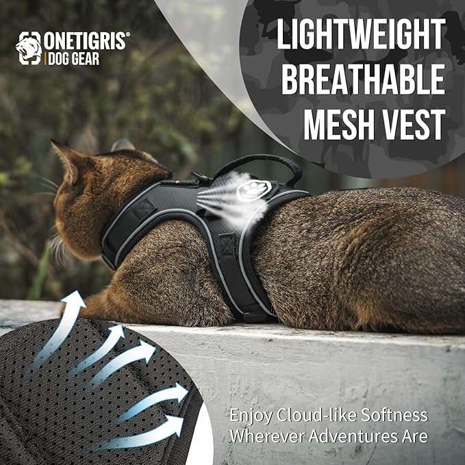 OneTigris Tactical Cat Harness and Leash - Escape Proof Soft Adjustable Cat Harness, Breathable, Comfortable, Durable Water-Resistant Vest with Reflective Strips and Pocket for Cat Tracker