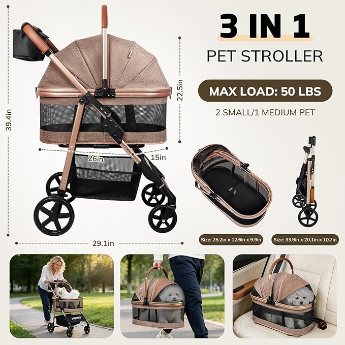Pet Stroller for Small/Medium Dogs & Cats Up to 50 lbs, 3-in-1 Foldable Stroller w/Detachable Carrier & Car Seat, Removable All-Season Liner, Sunshade, Storage Basket & Cup Holder, All-Terrain, Khaki