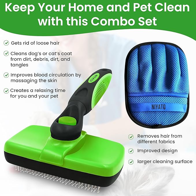 NIYATO Self cleaning Slicker Brush and Magic Pet Hair Remover Glove. A Brush for Cat and Dog Shedding and De-shedding, and a Cleaning Mitt with Improved Design. Suitable for Long and Short haired pets