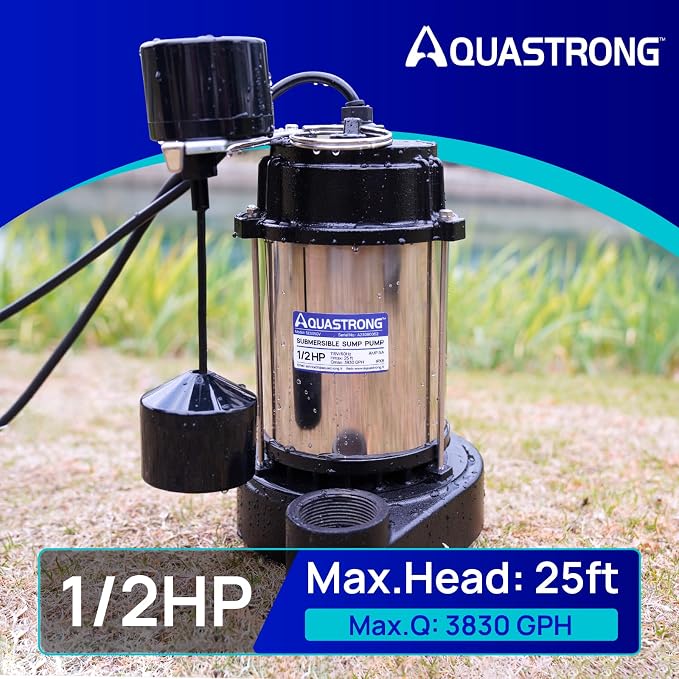 AQUASTRONG 1/2HP Sump Pump, 3830 GPH Submersible Pump, 1-1/2" NPT Discharge | Stainless Steel and Cast Iron Sump Pump, Automatic Integrated Vertical Float Switch with Piggy-back Plug for Basement