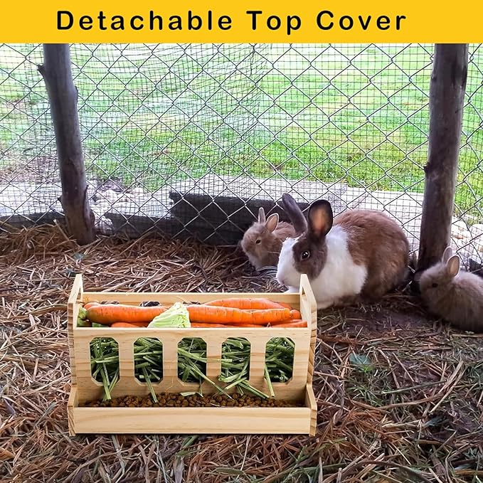 Rabbit Hay Feeder, Large Capacity Wooden Hay Feeder for Rabbits Guinea Pigs Chinchillas, Pet-self Feeding Hay Manager Alfalfa Timothy Dispenser Grass Holder Carrot Feeders for Bunny